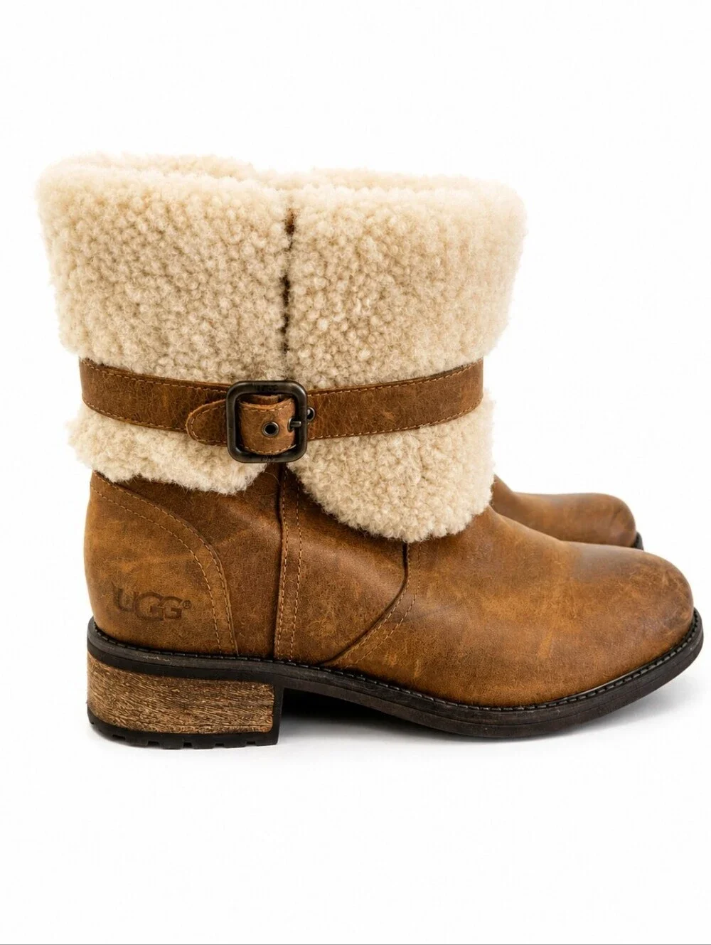 UGG Women's Chestnut Brown Leather Shearling Cuff Buckle Boots